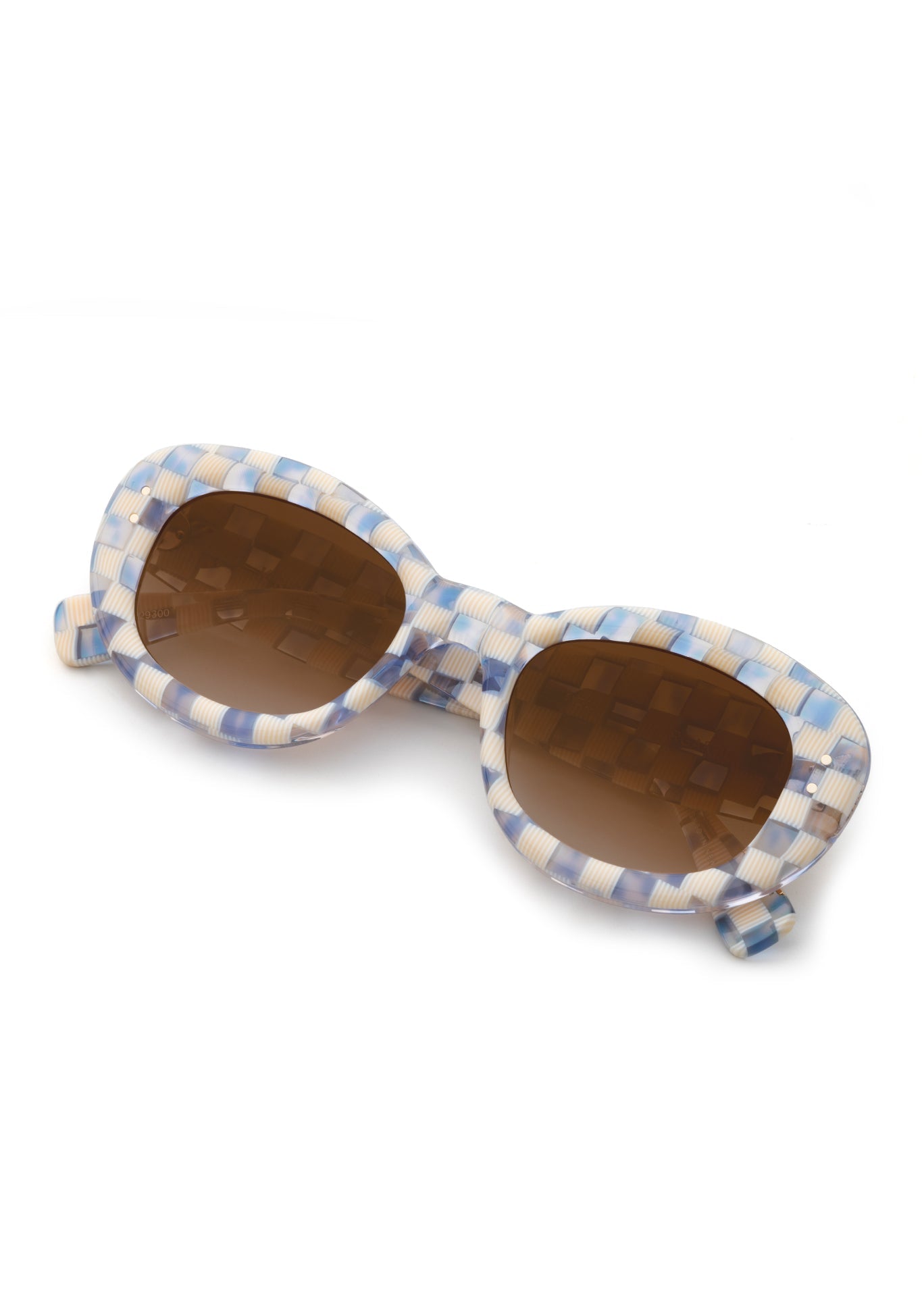 MARGARET | Gingham over Crystal Handcrafted, luxury blue and white checkered gingham acetate medium sized oval bubble frame KREWE sunglasses