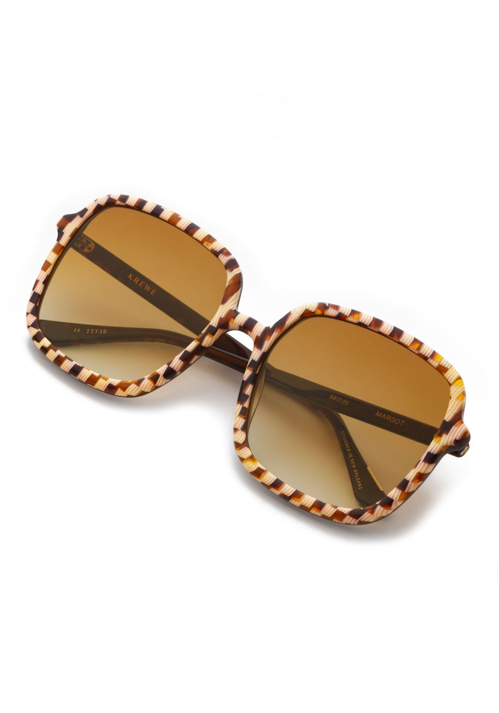 KREWE SUNGLASSES - MARGOT | Caffe Dolce + Custom Vanity Tint handcrafted, luxury oversized square checkered sunglasses with orange tinted lenses