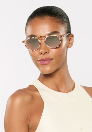 MARKLE | Gelato 24K Mirrored Handcrafted, luxury multicolored tortoise acetate KREWE sunglasses with gold stainless steel metal hardware womens model | Model: Sasha