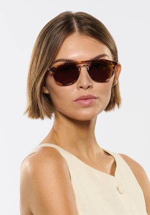 MARKLE | Maple and Crystal 12K Polarized Handcrafted, luxury brown tortoise acetate KREWE polarized sunglasses with gold stainless steel metal hardware womens model | Model: Michelle
