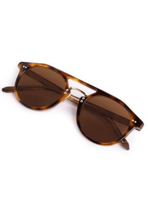 MARKLE | Maple and Crystal 12K Polarized Handcrafted, luxury brown tortoise acetate KREWE polarized sunglasses with gold stainless steel metal hardware 