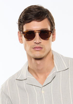 MARKLE | Maple and Crystal 12K Polarized Handcrafted, luxury brown tortoise acetate KREWE polarized sunglasses with gold stainless steel metal hardware mens model | Model: Jegor
