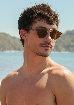 MARKLE | Maple and Crystal 12K Polarized Handcrafted, luxury brown tortoise acetate KREWE polarized sunglasses with gold stainless steel metal hardware mens model | Model: Jacob
