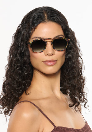 MARKLE | Tuscan Tortoise 18K Handcrafted, luxury multicolored  tortoise acetate KREWE sunglasses with gold stainless steel metal hardware  womens model | Model: Jessika