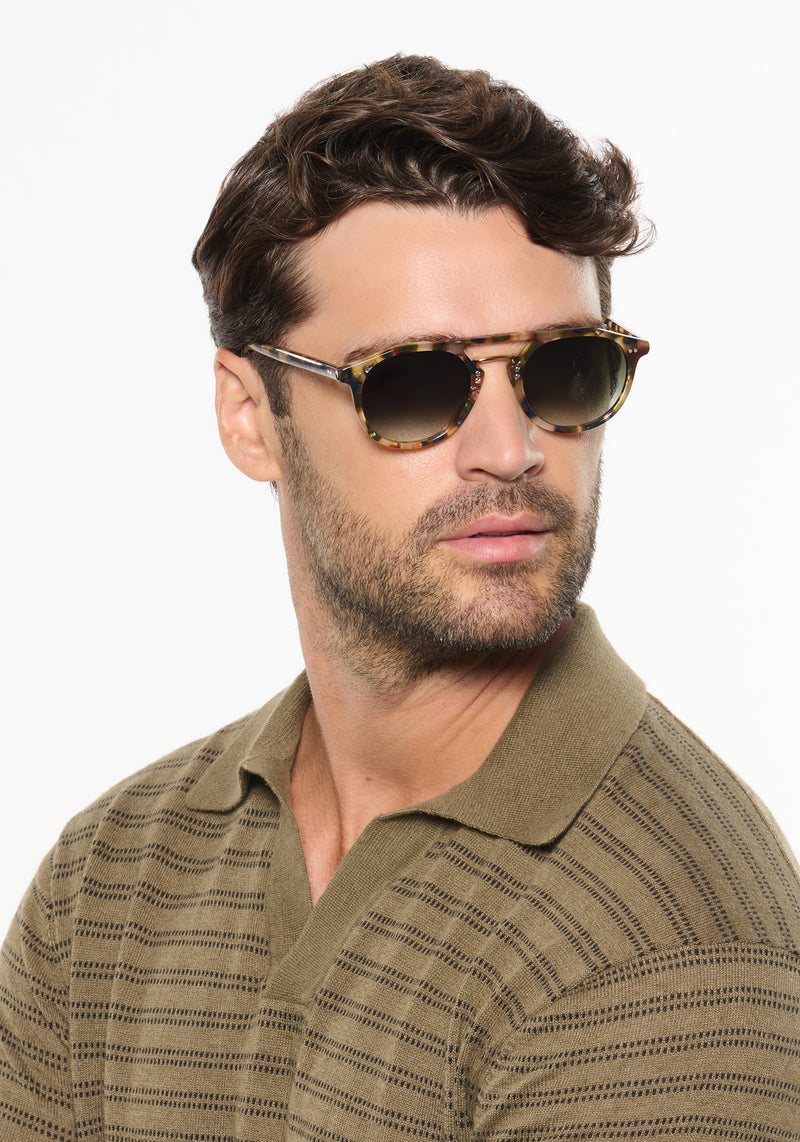 MARKLE | Tuscan Tortoise 18K Handcrafted, luxury multicolored  tortoise acetate KREWE sunglasses with gold stainless steel metal hardware  mens model | Model: Dusty