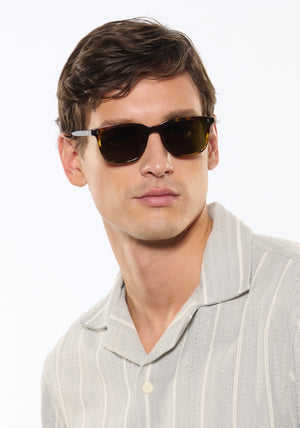 MATTHEW | Havana Polarized Handcrafted, dark brown tortoise acetate square rectangle polarized KREWE sunglasses mens model | Model: Jegor