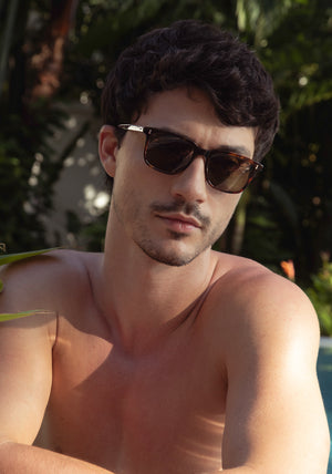 MATTHEW | Havana Polarized Handcrafted, dark brown tortoise acetate square rectangle polarized KREWE sunglasses mens model | Model: Jacob
