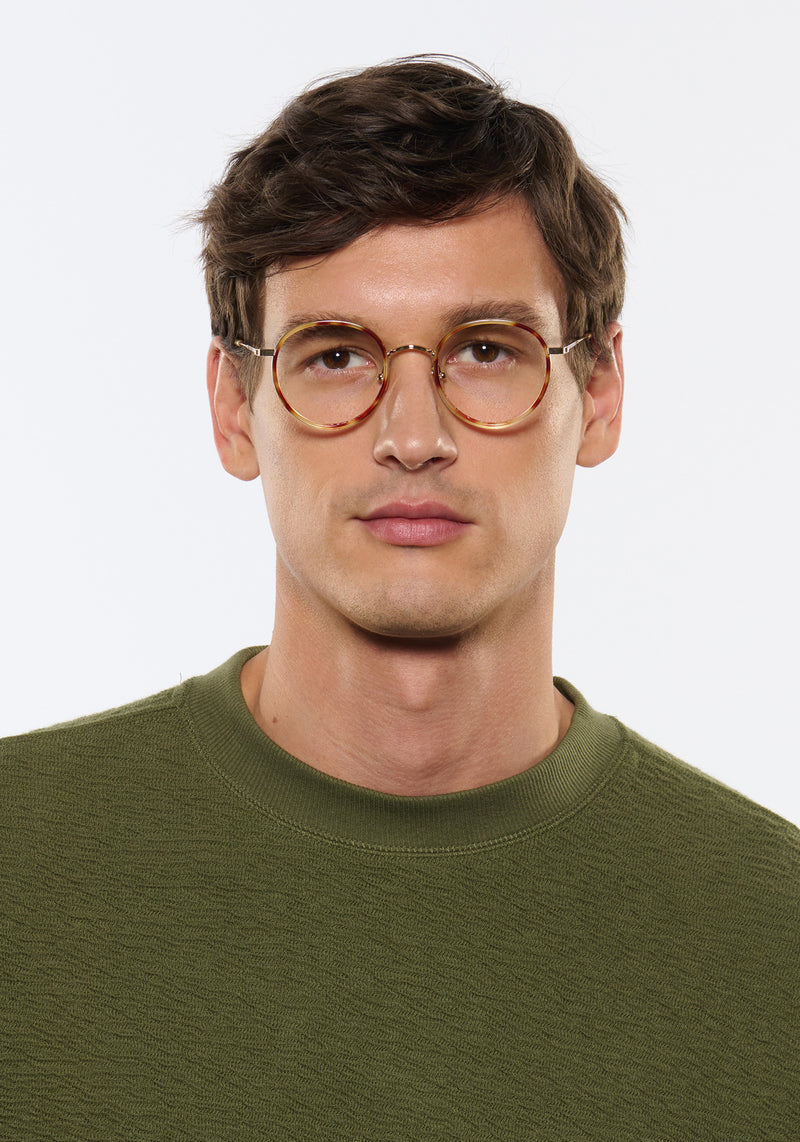MAYFAIR | 12K Titanium + Hawksbill Handcrafted, luxury brown tortoise acetate and titanium round KREWE eyeglasses mens model | Model: Jegor