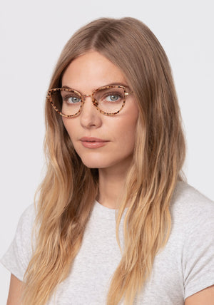 MIA | 18K Titanium + Esox Handcrafted, luxury brown tortoise acetate and metal cat-eye KREWE eyeglasses womens model | Model: Maritza