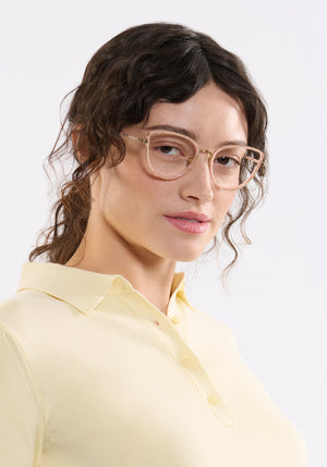 MIA | 12K Titanium + Micro Plaid Handcrafted, luxury light pink checkered acetate and metal cat-eye KREWE eyeglasses womens model | Model: Ione