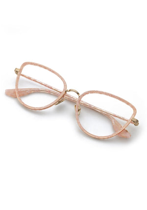MIA | 12K Titanium + Micro Plaid Handcrafted, luxury light pink checkered acetate and metal cat-eye KREWE eyeglasses