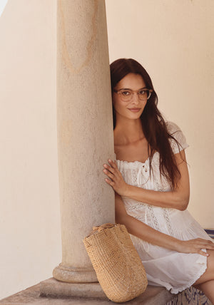 MIKAH | Buff + Havana handcrafted, luxury clear acetate eyeglasses womens model | Model: Patricia