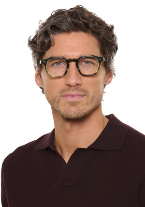 MIKAH | Reed handcrafted, luxury green tortoise acetate square KREWE eyeglasses mens model | Model: Ryan