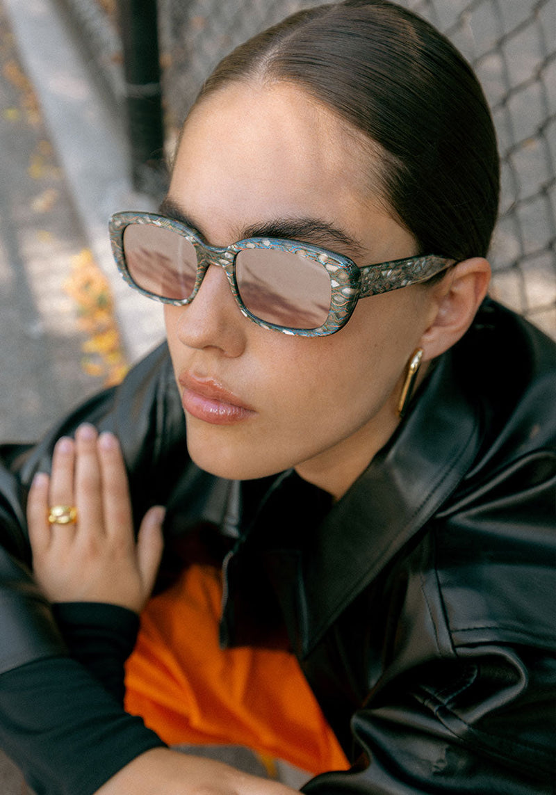 KREWE - MILAN | Como Mirrored handcrafted, luxury, custom and exclusive italian acetate. limited edition rectangular sunglasses womens model campaign | Model: Ainhoa