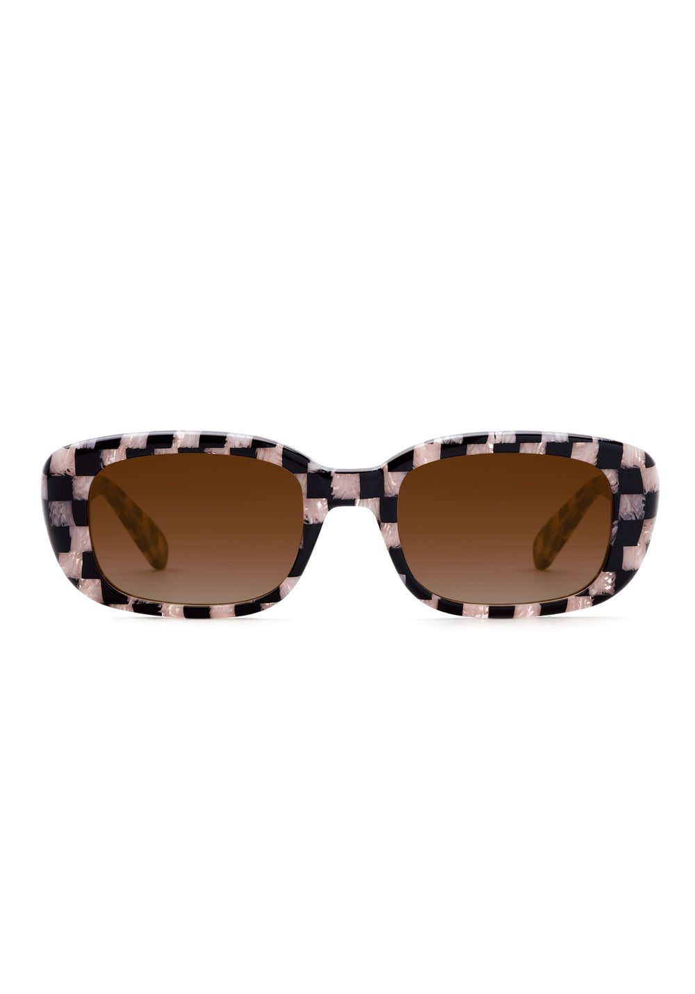 KREWE SUNGLASSES - MILAN | Harlequin + Harlequin over Petal handcrafted, pink and black checkered rectangular sunglasses