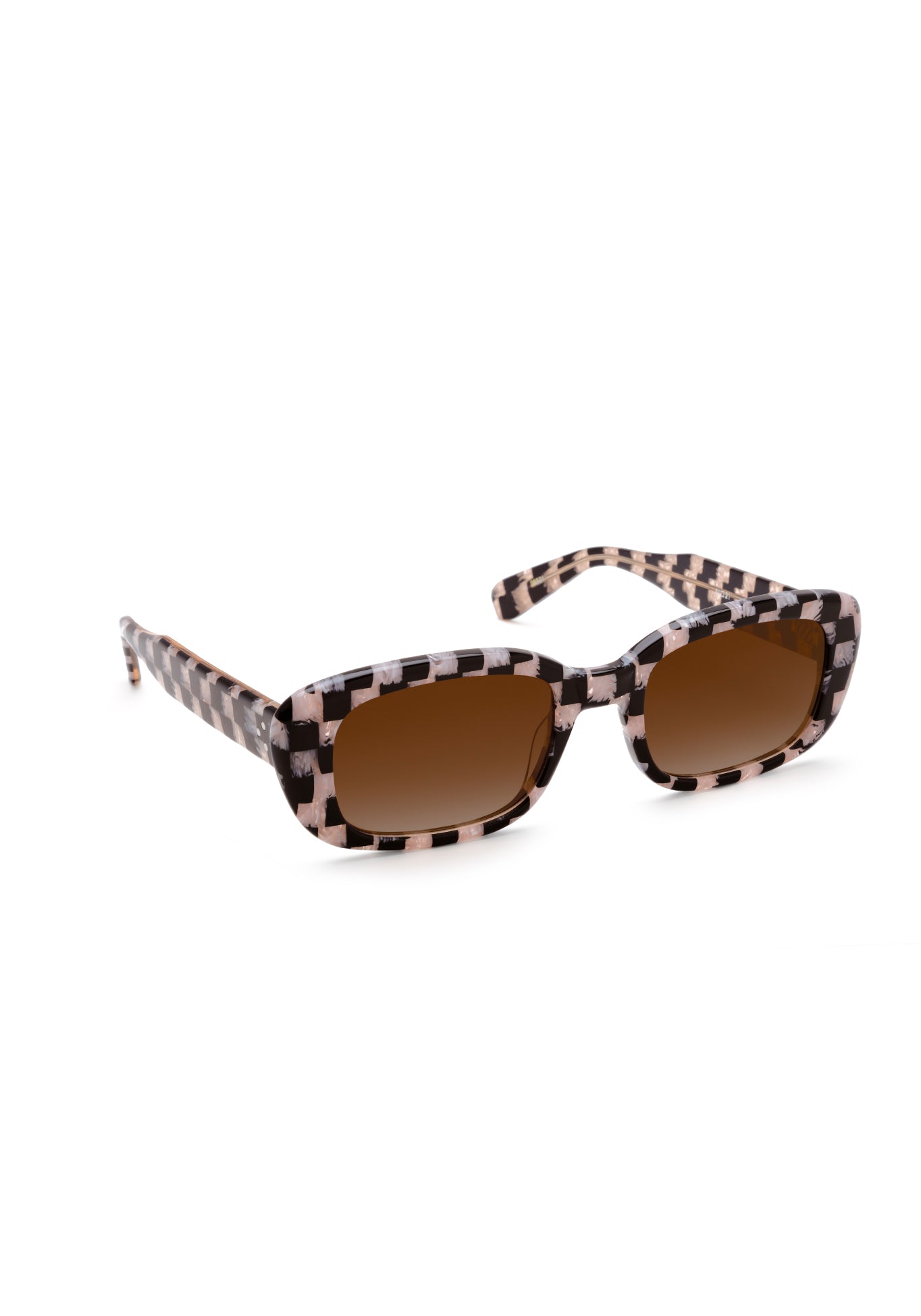 KREWE SUNGLASSES - MILAN | Harlequin + Harlequin over Petal handcrafted, pink and black checkered rectangular sunglasses