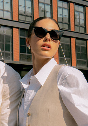 MONROE NYLON | Black and Black + Crystal Handcrafted, Luxury Black Acetate KREWE Sunglasses womens model campaign | Model: Ainhoa