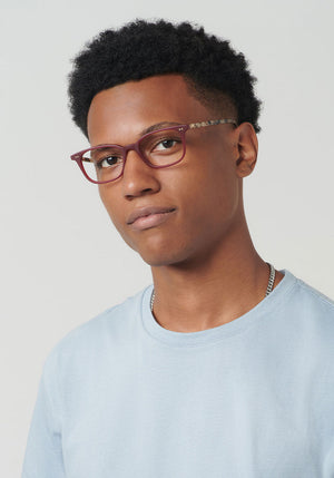 MONTE | Brandy + Matte Oyster 12K Handcrafted, Luxury Red Acetate KREWE Eyeglasses mens model campaign | Model: Brandon
