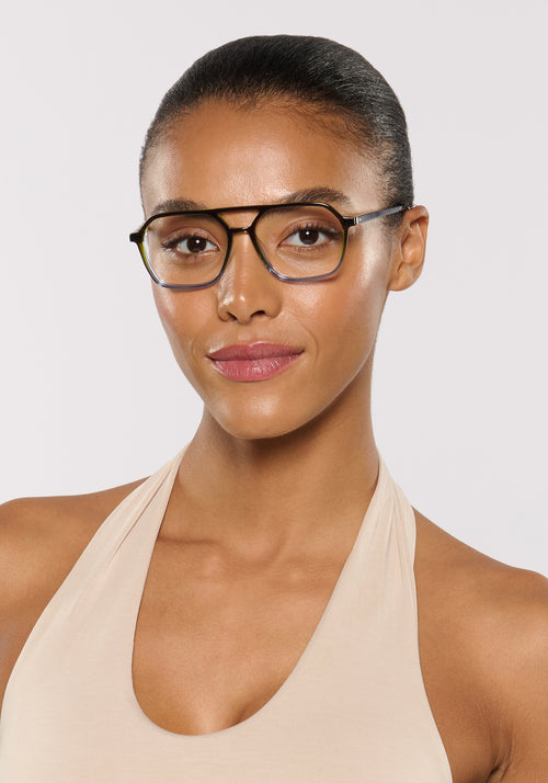 MOORE | Nori Handcrafted, luxury blue and green acetate aviator KREWE eyeglasses womens model | Model: Sasha