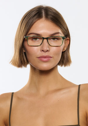 MORGAN | Reed Handcrafted, luxury green tortoise acetate rectangular KREWE eyeglasses womens model | Model: Michelle