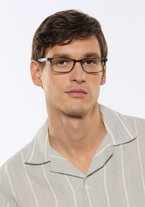 MORGAN | Reed Handcrafted, luxury green tortoise acetate rectangular KREWE eyeglasses mens model | Model: Jegor