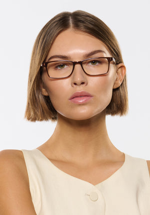 MORGAN | Sumatra Handcrafted, luxury brown acetate rectangular KREWE eyeglasses womens model | Model: Michelle
