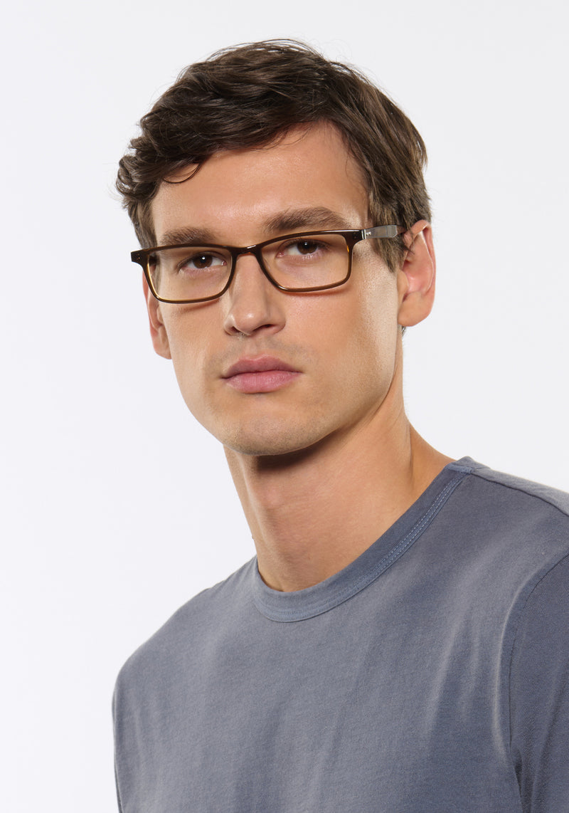 MORGAN | Sumatra Handcrafted, luxury brown acetate rectangular KREWE eyeglasses mens model | Model: Jegor