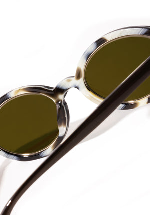 MUSE | Bronze Metallic + Bone + 12K Handcrafted, luxury dark brown acetate and stainless steel small oval KREWE sunglasses