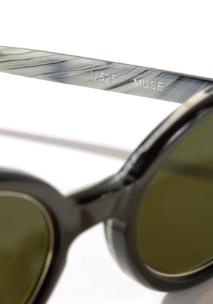 MUSE | Bronze Metallic + Bone + 12K Handcrafted, luxury dark brown acetate and stainless steel small oval KREWE sunglasses womens model