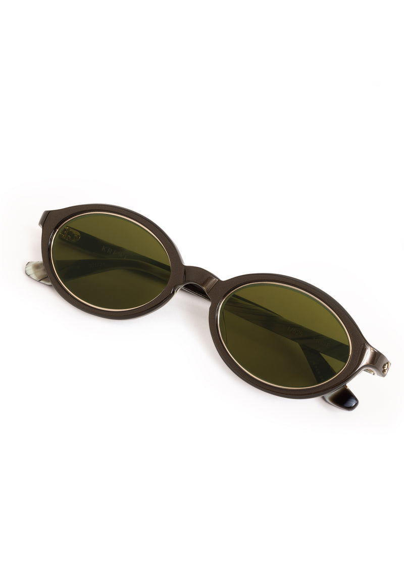 MUSE | Bronze Metallic + Bone + 12K Handcrafted, luxury dark brown acetate and stainless steel small oval KREWE sunglasses