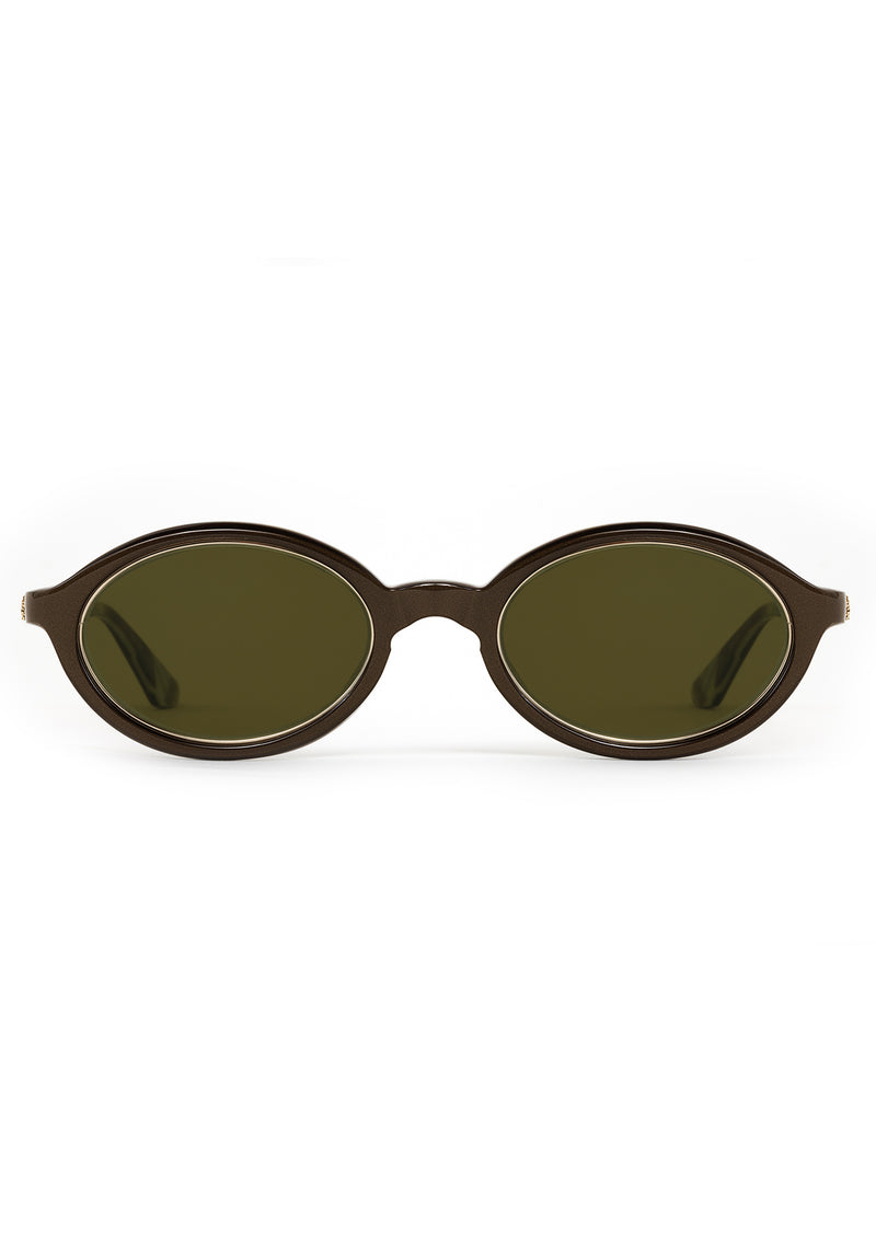 MUSE | Bronze Metallic + Bone + 12K Handcrafted, luxury dark brown acetate and stainless steel small oval KREWE sunglasses