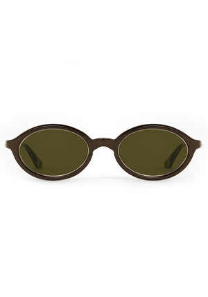 MUSE | Bronze Metallic + Bone + 12K Handcrafted, luxury dark brown acetate and stainless steel small oval KREWE sunglasses