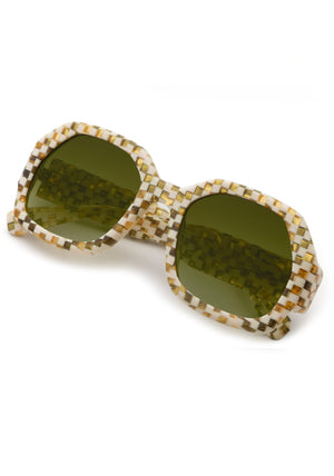 NAOMI | Yuzu Mirrored Handcrafted, luxury yellow green checkered acetate oversized geometric wrap KREWE sunglasses
