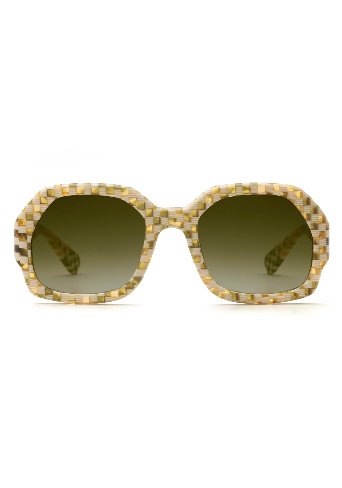 NAOMI | Yuzu Mirrored Handcrafted, luxury yellow green checkered acetate oversized geometric wrap KREWE sunglasses