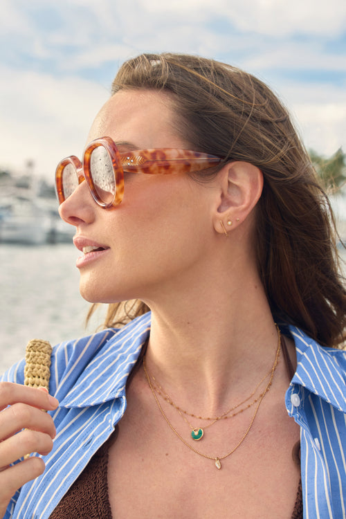 CHLOE | Blonde Amaro Handcrafted, luxury brown tan tortoise acetate round oversized KREWE sunglasses womens model campaign | Model: Emily