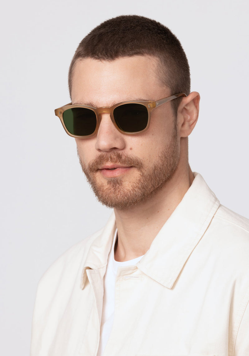 PARKER | Chamomile Handcrafted, luxury glossy tan acetate square wayfarer KREWE sunglasses mens model | Model: David