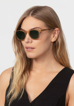 PARKER | Chamomile Handcrafted, luxury glossy tan acetate square wayfarer KREWE sunglasses womens model | Model: Maritza