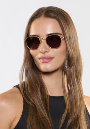 PASCAL | 18K Titanium + Champagne + Rue Tortoise Polarized Handcrafted, Luxury Yellow Acetate KREWE Sunglasses womens model | Model: Sam