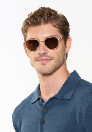PASCAL | 18K Titanium + Champagne + Rue Tortoise Polarized Handcrafted, Luxury Yellow Acetate KREWE Sunglasses mens model | Model: Linus
