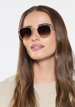 PASCAL | 12K Titanium + Confetti Handcrafted, multicolored pastel tortoise titanium metal and acetate square KREWE sunglasses womens model | Model: Sam