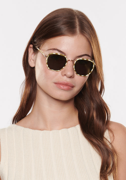 PASCAL | Oki Yuzu Handcrafted, Luxury Brown and Black Acetate KREWE Sunglasses womens model | Model: Katie