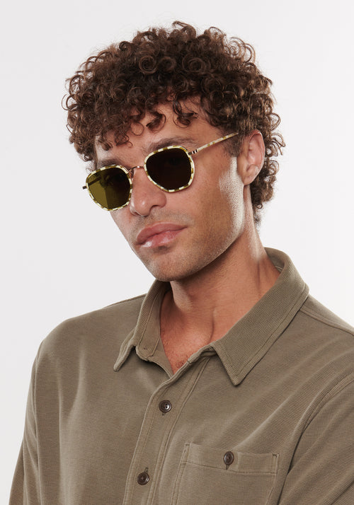 PASCAL | Oki Yuzu Handcrafted, Luxury Brown and Black Acetate KREWE Sunglasses mens model | Model: Miguel
