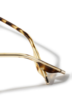 PEYTON | 12K Titanium + Champagne and Iberia Handcrafted, luxury champagne yellow acetate and titanium geometric KREWE sunglasses  womens model