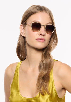 PEYTON | 12K Titanium + Champagne and Iberia Handcrafted, luxury champagne yellow acetate and titanium geometric KREWE sunglasses womens model | Model: Isa