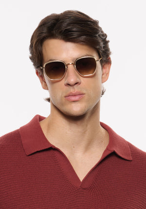 PEYTON | 12K Titanium + Champagne and Iberia Handcrafted, luxury champagne yellow acetate and titanium geometric KREWE sunglasses  mens model | Model: Brent