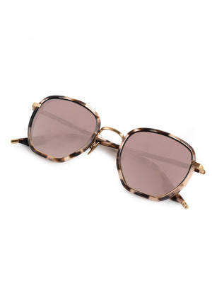 PEYTON | 18K Matte Black Fade Titanium + Matte Sunday Tortoise Mirrored Handcrafted, luxury light brown tortoise acetate and titanium geometric KREWE mirrored  sunglasses 