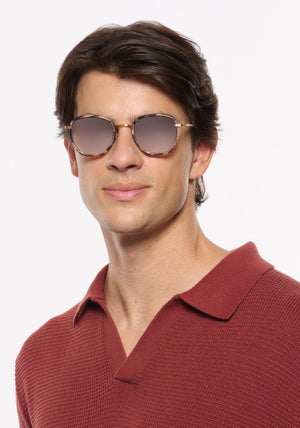 PEYTON | 18K Matte Black Fade Titanium + Matte Sunday Tortoise Mirrored Handcrafted, luxury light brown tortoise acetate and titanium geometric KREWE mirrored  sunglasses mens model | Model: Brent