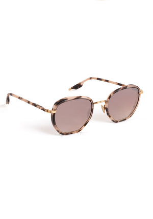 PEYTON | 18K Matte Black Fade Titanium + Matte Sunday Tortoise Mirrored Handcrafted, luxury light brown tortoise acetate and titanium geometric KREWE mirrored  sunglasses 