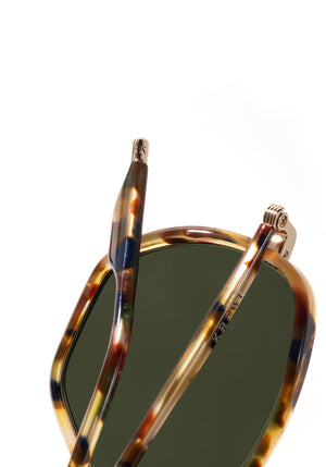 PEYTON | 12K Titanium + Tuscan Tortoise Handcrafted, luxury dark multicolored tortoise acetate and titanium geometric KREWE sunglasses womens model