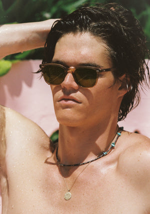 PIERCE | Umber Polarized Handcrafted, luxury light brown acetate square polarized KREWE sunglasses mens model | Model: Drew